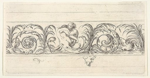 A triton and a siren fighting at center, their legs as scrollwork, a swan to right, the grotesque head of an old man below, plate 6 from "Friezes, foliage, and grotesques" (Frises, feuillages et grotesques)