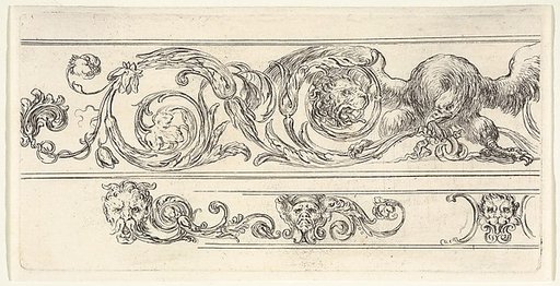 Two friezes; at top, an eagle and the head of a lion, at bottom, a lion head and two grotesque heads of men, plate 7 from "Friezes, foliage, and grotesques" (Frises, feuillages et grotesques)