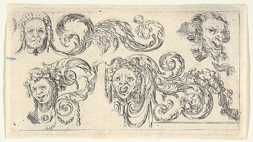 Four grotesque heads with scrollwork, plate 8 from "Friezes, foliage, and grotesques" (Frises, feuillages et grotesques)