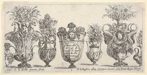 Seven vases, the vase in the middle decorated with the face of Medusa, Plate 1 from "Collection of Various Vases" (Raccolta di Vasi Diversi)