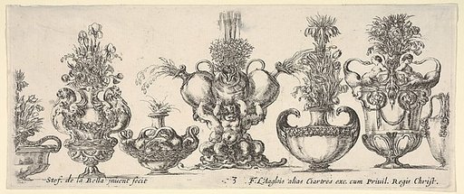 Seven vases, the vase in the middle formed by three infants, each holding an ewer, plate 3 from "Collection of Various Vases" (Raccolta di Vasi Diversi)
