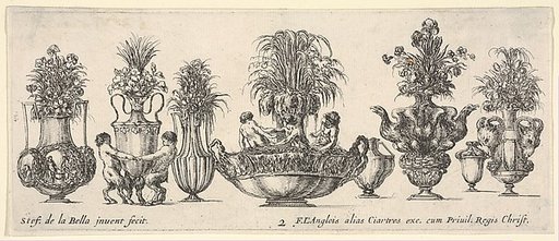 Eight vases, the largest one in the middle with three sculptures in the round of two nymphs and a triton, plate 2 from "Collection of Various Vases" (Raccolta di Vasi Diversi)