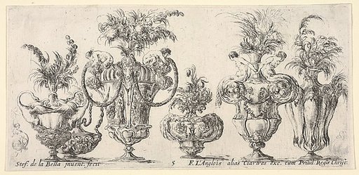 Six vases, and two sketches of vases on the extremities, plate 5 from "Collection of Various Vases" (Raccolta di Vasi Diversi)