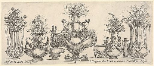 Eight vases, the largest one in center with sculptures of a nymph and a faun, plate 4 from "Collection of Various Vases" (Raccolta di Vasi Diversi)
