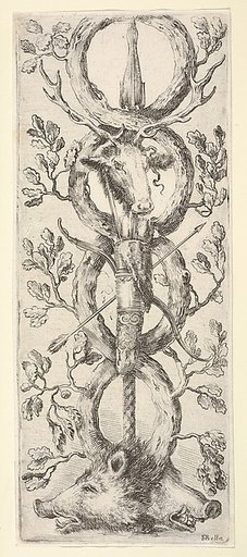 Two wild boar heads below, a deer head above, a bow and arrow in center, from "Ornaments or Grotesques" (Ornamenti o Grottesche)