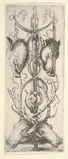 A hunting trophy, two wild boar heads above, two deer heads below, from "Ornaments or Grotesques" (Ornamenti o Grottesche)