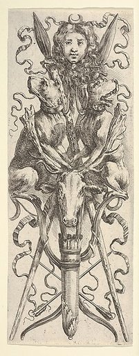 A hunting trophy: a quiver, two arrows, two bows, a deer head, two dogs, two spears, and the head of Diana at top, from "Ornaments or Grotesques" (Ornamenti o Grottesche)
