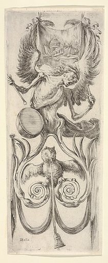 Death beating a drum above, an owl and a bell attached to a ribbon below, from "Ornaments or Grotesques" (Ornamenti o Grottesche)