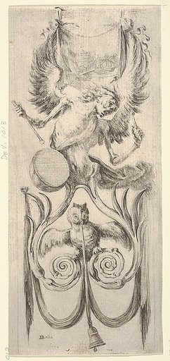 Death beating a drum above, an owl and a bell attached to a ribbon below, from "Ornaments or Grotesques" (Ornamenti o Grottesche)