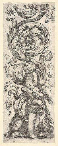 A young boy holding a young leopard in his arms, the mother leopard laying below, from "Ornaments or Grotesques" (Ornamenti o Grottesche)