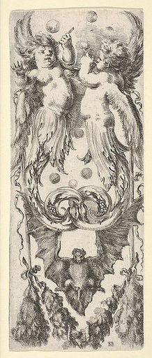 Two putti above, their legs ending in scrollwork, a bat below,, from "Ornaments or Grotesques" (Ornamenti o Grottesche)