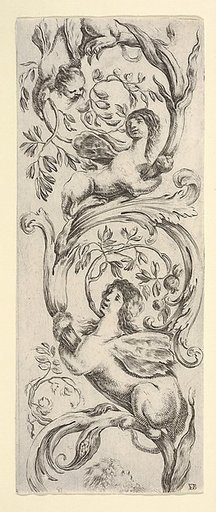 Three sphinxes climbing a vine, from "Ornaments or Grotesques" (Ornamenti o Grottesche)