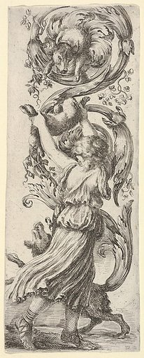 A young girl, seen from behind, lifting a rabbit into the air for a dog above to grasp, another dog at her feet, from "Ornaments or Grotesques" (Ornamenti o Grottesche)