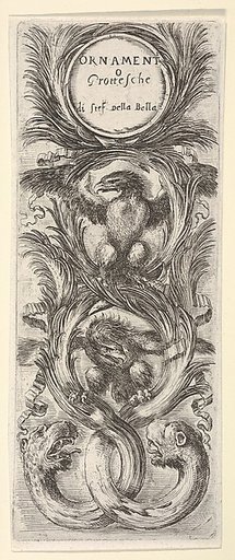 Two eagles with wings spread, below two leopard heads attached to tree trunks that form three circles, from "Ornaments or Grotesques" (Ornamenti o Grottesche)