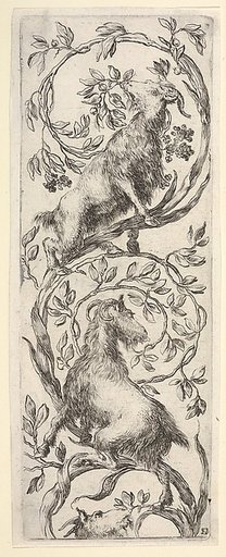 Three goats climbing a vine in the shape of a backwards 'S', from "Ornaments or Grotesques" (Ornamenti o Grottesche)