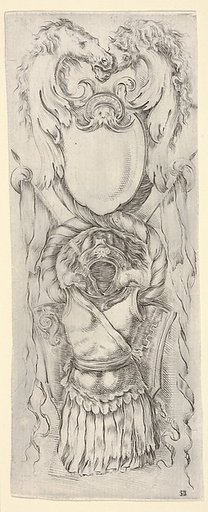 Vertical Panel with a Cartouche stacked on top of a Cuirass, from "Ornaments or Grotesques" (Ornamenti o Grottesche)