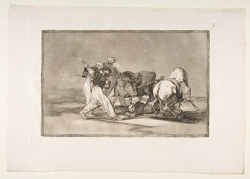 Plate 3 from " La Tauromaquia": The Moors settled in Spain, giving up the superstitions of the Koran, adopted this art of hunting, and spear a bull in the open