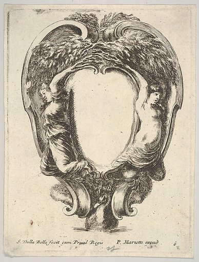 A cartouche supported by a duck below and decorated with two nymphs whose arms become tree branches, plate 6 from "Nouvelles inventions de Cartouches"