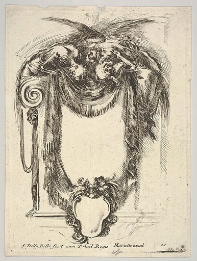 A cartouche formed by drapery and topped with two skeletons atop an Ionic entablature, plate 10 from "Nouvelles inventions de Cartouches"