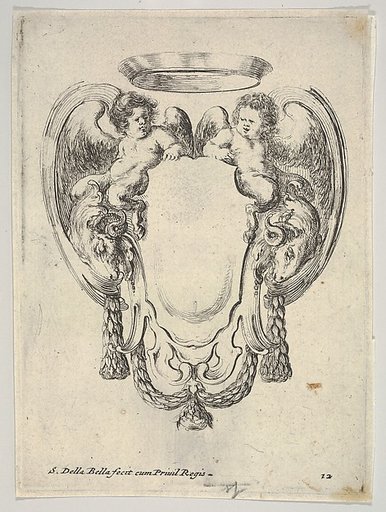 A cartouche flanked by two winged infant satyrs riding on the heads of two rams, plate 12 from "Nouvelles inventions de Cartouches"