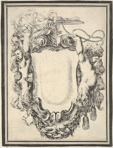 A cartouche flanked by two satyrs, crowned with half a herm and half a cardinal's hat, plate 7 from "Nouvelles inventions de Cartouches"