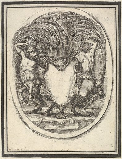 A cartouche formed by a tiger skin and flanked by two centaurs, plate 4 from "Nouvelles inventions de Cartouches"