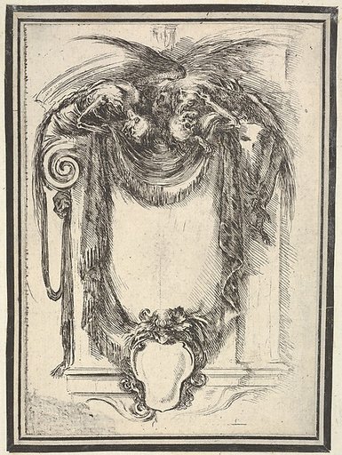 A cartouche formed by drapery and topped with two skeletons atop an Ionic entablature, plate 10 from "Nouvelles inventions de Cartouches"