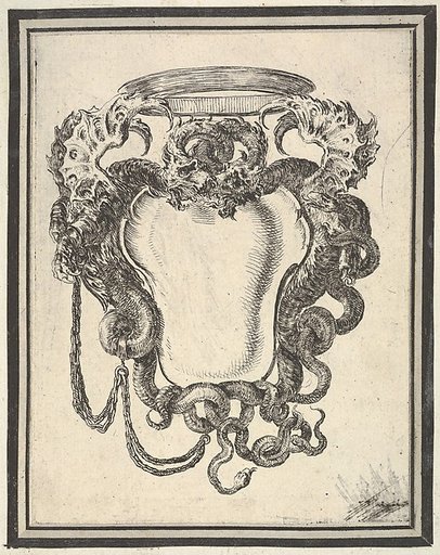 A cartouche flanked by dragons, their tails supporting a crown at top, plate 8 from "Nouvelles inventions de Cartouches"