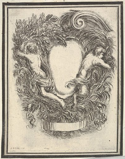 A cartouche flanked by Apollo and Pan, plate 5 from "Nouvelles inventions de Cartouches"