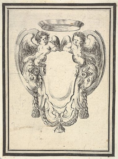 A cartouche flanked by two winged infant satyrs riding on the heads of two rams, plate 12 from "Nouvelles inventions de Cartouches"