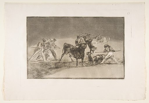 Plate 17 of "La Tauromaquia": The Moors use donkeys as a barrier to defend themselves against the bull whose horns have been tipped with balls