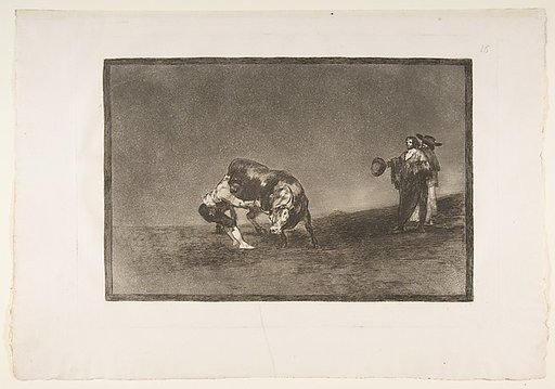 Plate 16 of "La Tauromaquia": The same man throws a bull in the ring at Madrid