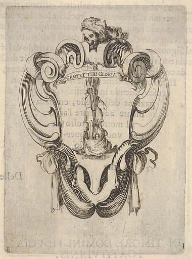 A cartouche with a violin coming out of its case, a skull with a helmet with feathers at top, from "Eight Emblems for the Funeral of Francesco de Medici" (Huit emblèmes pour les funérailles du prince François de Médicis)