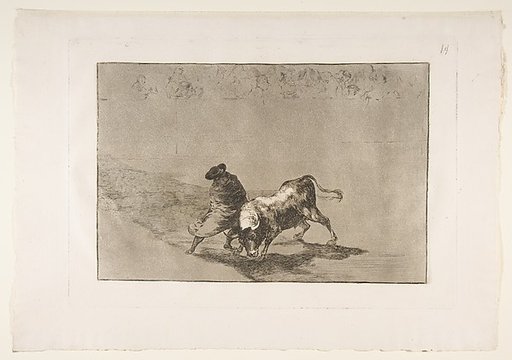 Plate 14 from "La Tauromaquia": The very skillful student of Falces, wrapped in his cape, tricks the bull with the play of his body