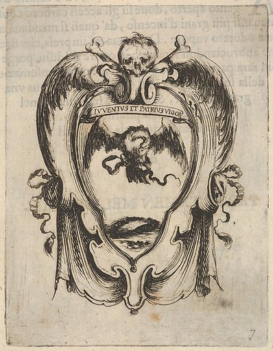 A cartouche with an eagle and a snake, a skull and crossbones at top, wings to either side, from "Eight Emblems for the Funeral of Francesco de Medici" (Huit emblèmes pour les funérailles du prince François de Médicis)
