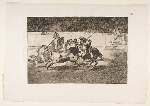 Plate 28 of "La Tauromaquia": The forceful Rendon stabs a bull with the pique, from which pass he died in the ring at Madrid