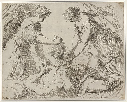 Judith placing the head of Holofernes onto a cloth held by another female figure, the foreshortened body of Holofernes gushes with blood from the neck