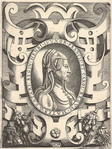 Bust profile portrait of Catherine de' Medici in an ornamented frame, from "Portraits of some princes and illustrious people" (Ritratti di alcuni prencipi, et huomini illustri; also titled Imagines quorundam principum et illustrium virorum)