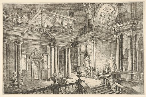 Interior of a Classical Building Showing People Engaged in Conversation