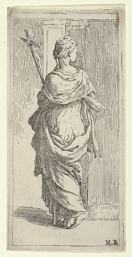 Girl carrying a crucifix and stepping toward a pilaster, seen from behind