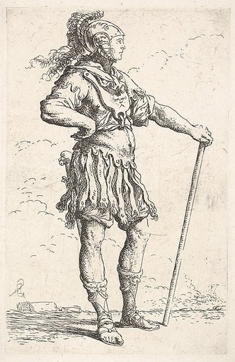 A warrior facing right wearing a plumed helmet and holding a staff, from "Figurine"