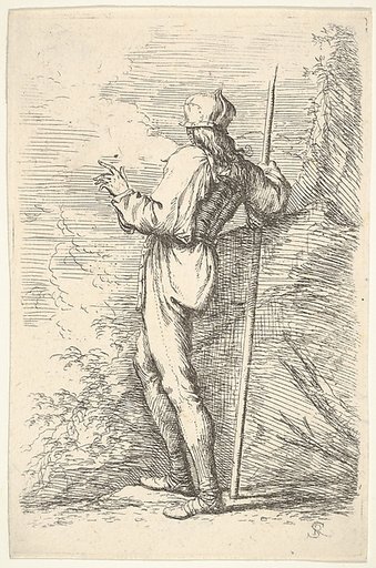 A warrior shown from behind holding a staff and leaning on a rock, from "Figurine"