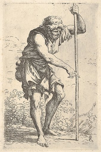 An old, ragged man with a gourd on his hip walking with a staff, from "Figurine"