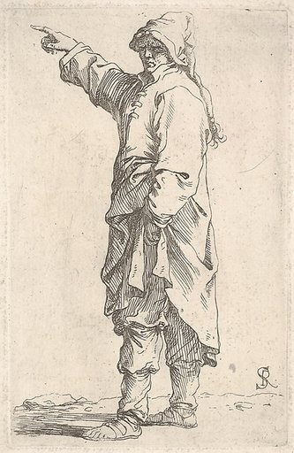 A man wearing a long outer garment and cap pointing to the left, from "Figurine"