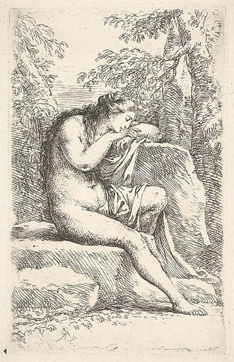 A semi-nude woman seated, resting her head on a rock, from "Figurine"