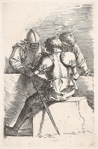 Three warriors conversing at a low wall, one with his back turned, from "Figurine"