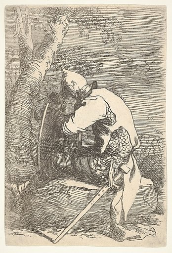 A sleeping warrior seated on a rock and leaning on his shield, from "Figurine"