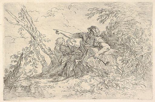 Male figure holding a flute reclining on a rock and pointing over the heads of two children, from "The Triton Group"