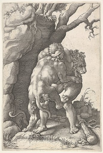 Hercules and the Nemean Lion: Hercules grasps the shoulders and chest of the lion, which is viewed from the back, beside a rocky outcrop