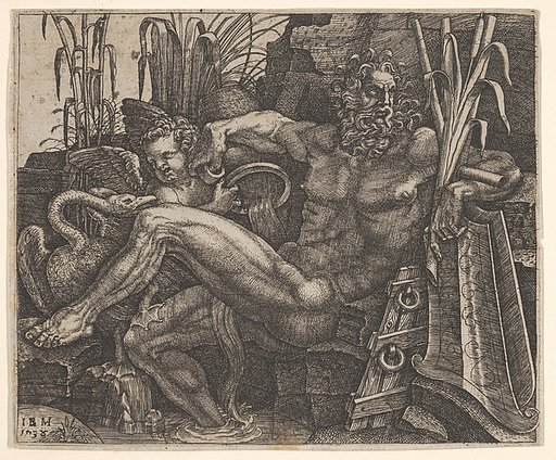 River God Po reclining on a rocky bank, a winged putto and long-necked water bird stand behind his legs